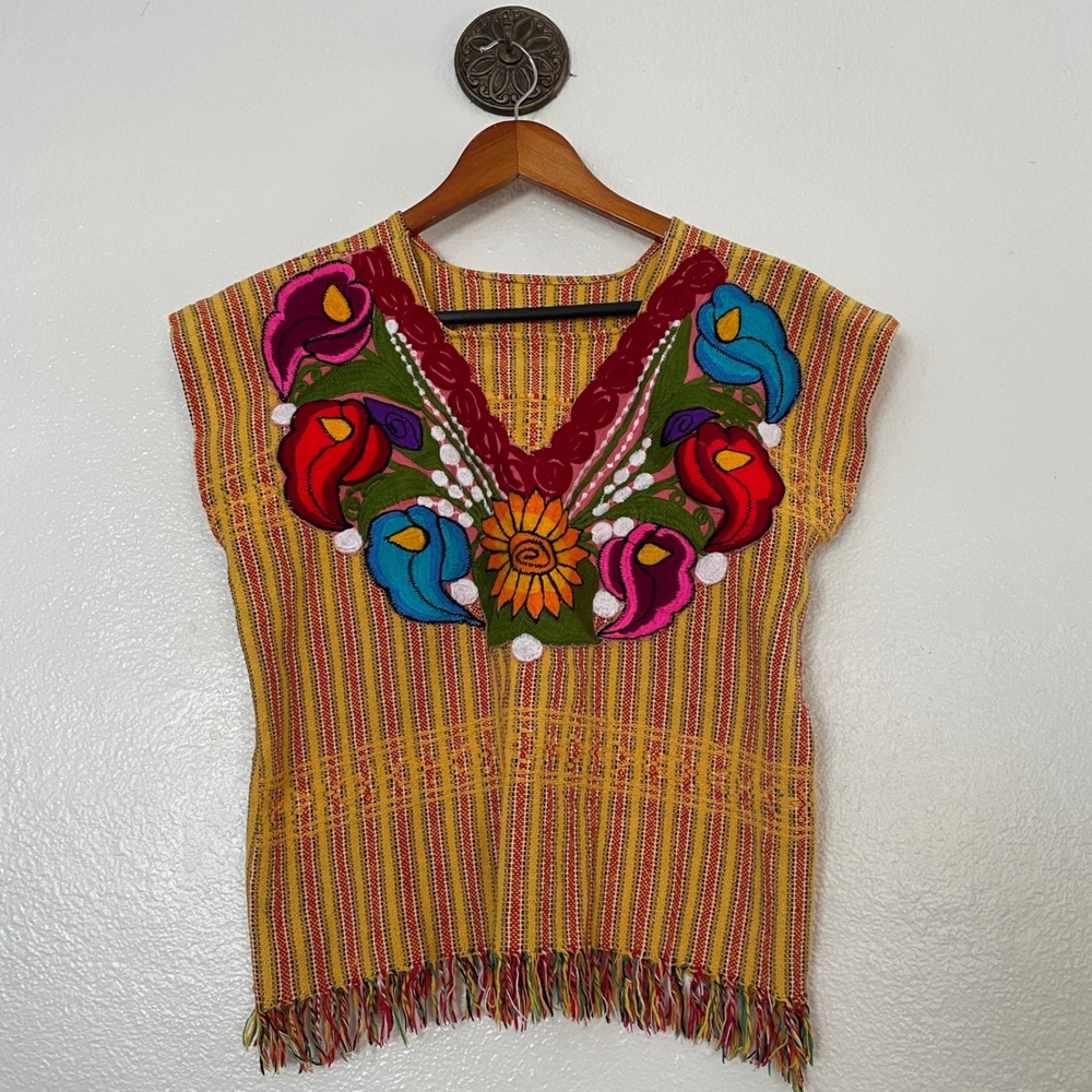 Vintage Mexican Huipil Floral Embroidered Fringe Top Yellow Striped Boho Blouse